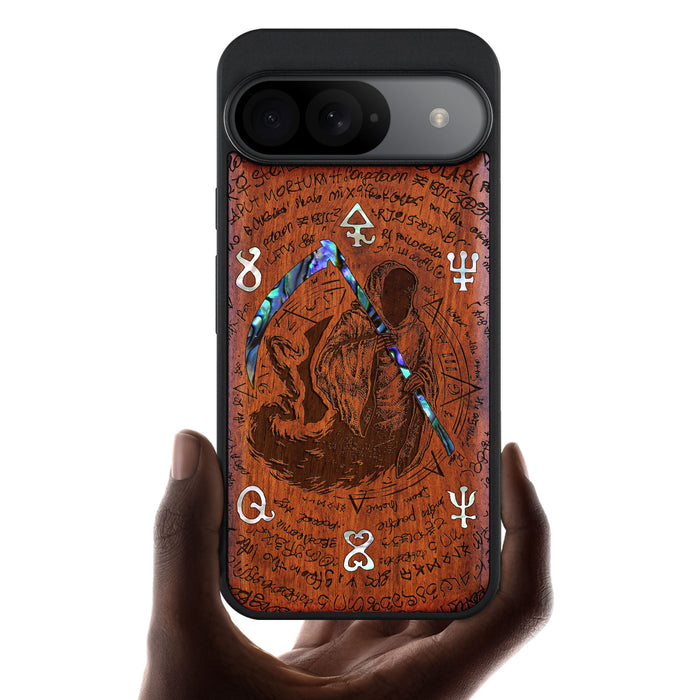 The Reaper's Scythe, Hand-Inlaid Wood & Mother of Pearl Case - Artisanal Cover for Google Pixel