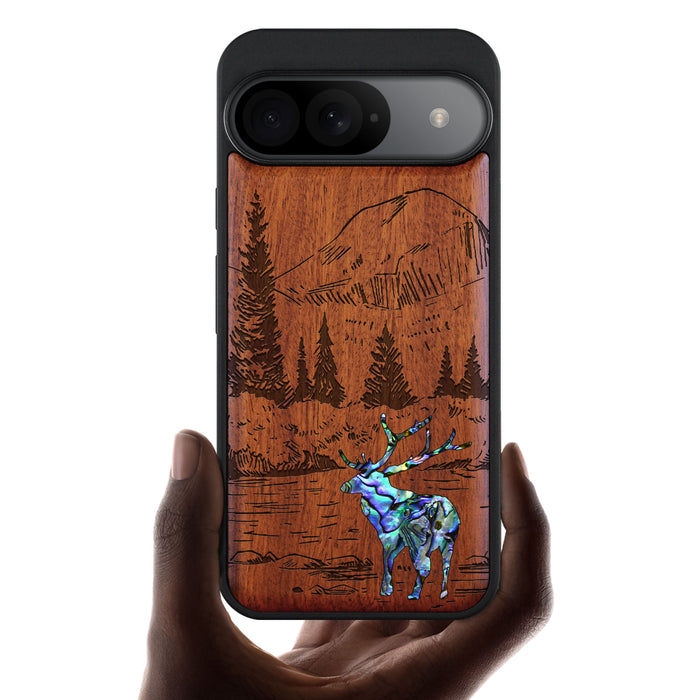 An Enthralling Natural Landscape Illustration, Hand-Inlaid Wood & Mother of Pearl Case - Artisanal Cover for Google Pixel