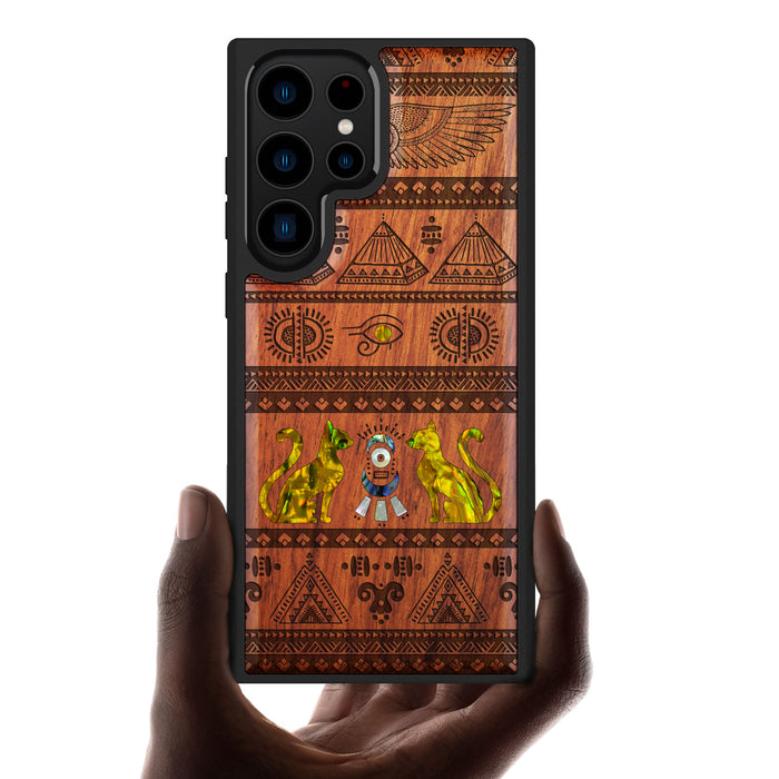 The Symbols of Egypt, Hand-Inlaid Wood & Mother of Pearl Case - Artisanal Cover for Samsung Galaxy