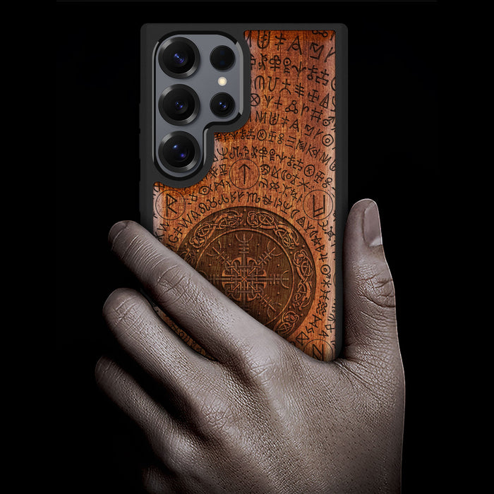 The Shield of Dragons and Awe, Classic Engraved Wood & TPU Case - Artisanal Cover for Samsung Galaxy