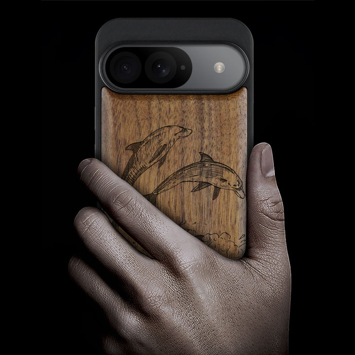 Dual Dolphins in the Waves, Classic Engraved Wood & TPU Case - Artisanal Cover for Google Pixel