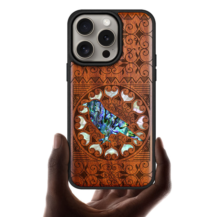 The Zentangle Crow, Hand-Inlaid Wood & Mother of Pearl Case - Artisanal Cover for Apple iPhone