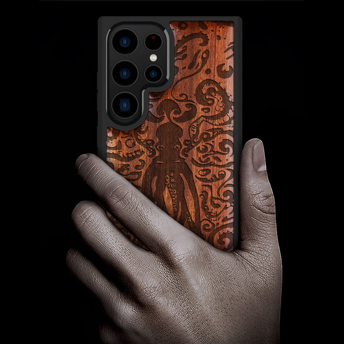 The Octopus's Nocturne, Classic Engraved Wood & TPU Case - Artisanal Cover for Samsung Galaxy