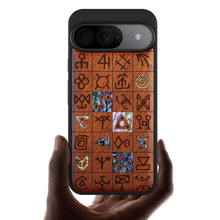 Mystical Runes, Hand-Inlaid Wood & Mother of Pearl Case - Artisanal Cover for Google Pixel