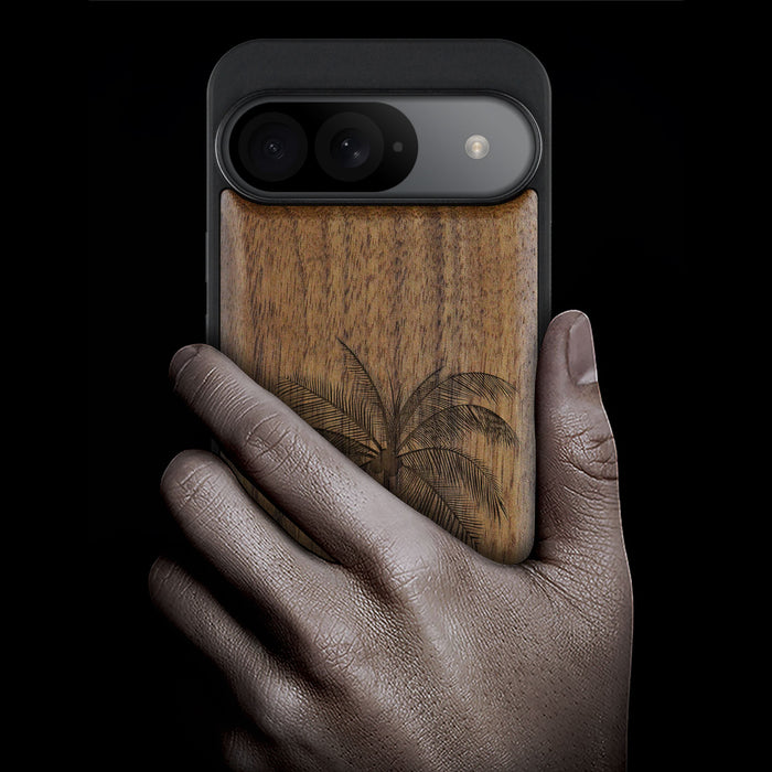 The Palm Tree Silhouette, Classic Engraved Wood & TPU Case - Artisanal Cover for Google Pixel