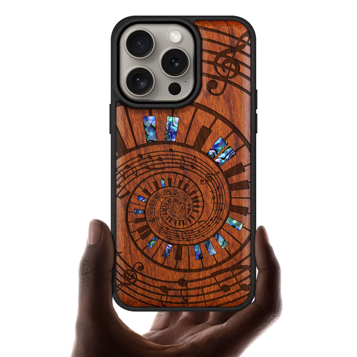 A Spiral Symphony, Hand-Inlaid Wood & Mother of Pearl Case - Artisanal Cover for Apple iPhone