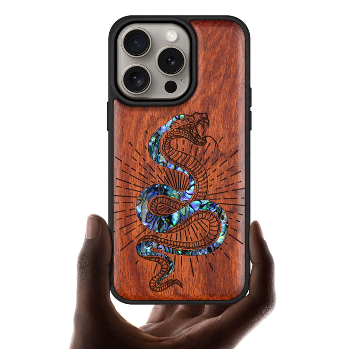 Viper's Coil, Hand-Inlaid Wood & Mother of Pearl Case - Artisanal Cover for Apple iPhone