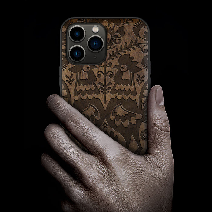 Polish Folk Art with Roosters and Florals, Classic Engraved Wood & TPU Case - Artisanal Cover for Apple iPhone