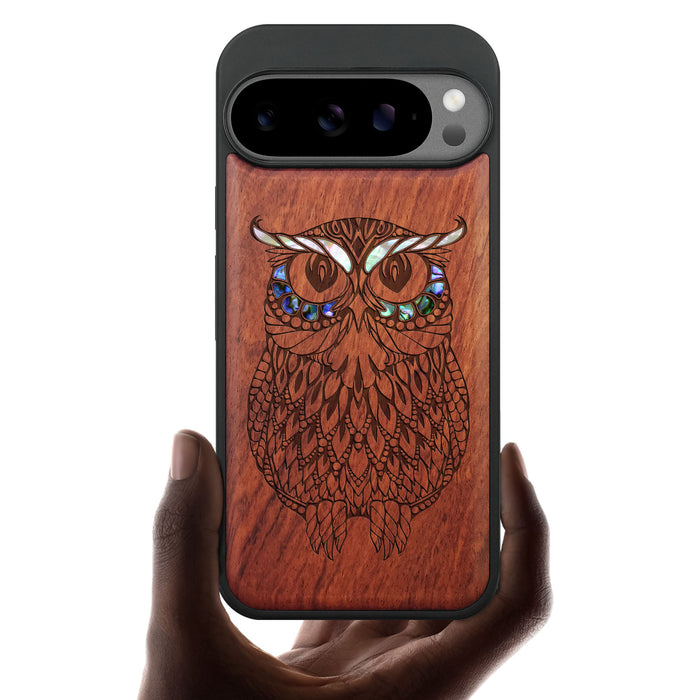 The Owl Mandala, Hand-Inlaid Wood & Mother of Pearl Case - Artisanal Cover for Google Pixel