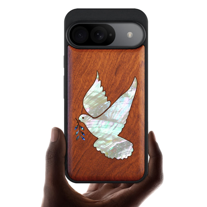 The Dove with Olive Branch, Hand-Inlaid Wood & Mother of Pearl Case - Artisanal Cover for Google Pixel