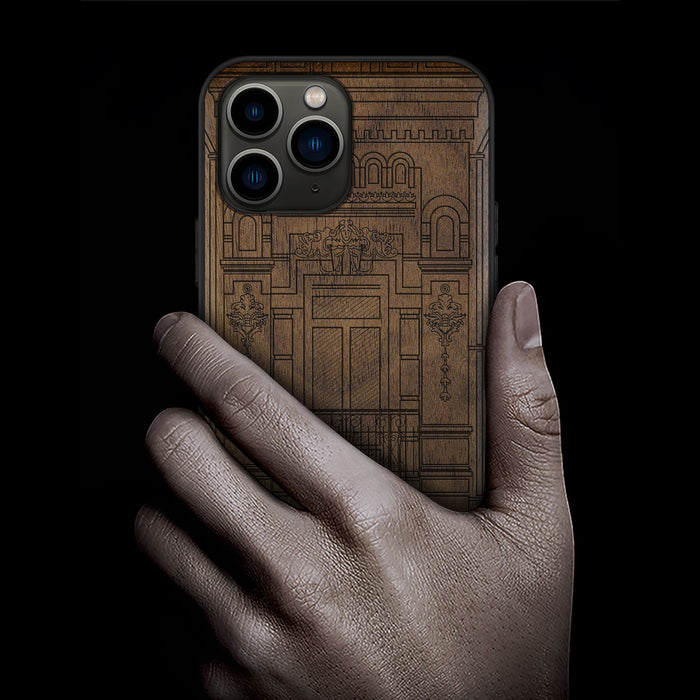 A Three-Storey House Portrait, Classic Engraved Wood & TPU Case - Artisanal Cover for Apple iPhone