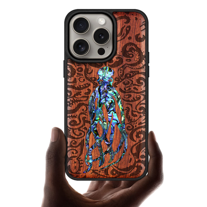 Cephalopod's Nocturne, Hand-Inlaid Wood & Mother of Pearl Case - Artisanal Cover for Apple iPhone