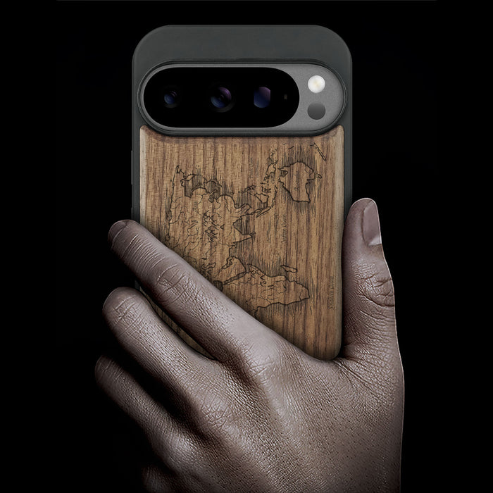 Abstract Expressionist World Map Linework, Classic Engraved Wood & TPU Case - Artisanal Cover for Google Pixel