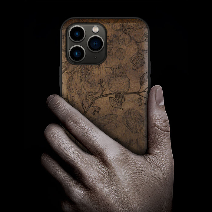 A Dance of Flora and Avian, Classic Engraved Wood & TPU Case - Artisanal Cover for Apple iPhone