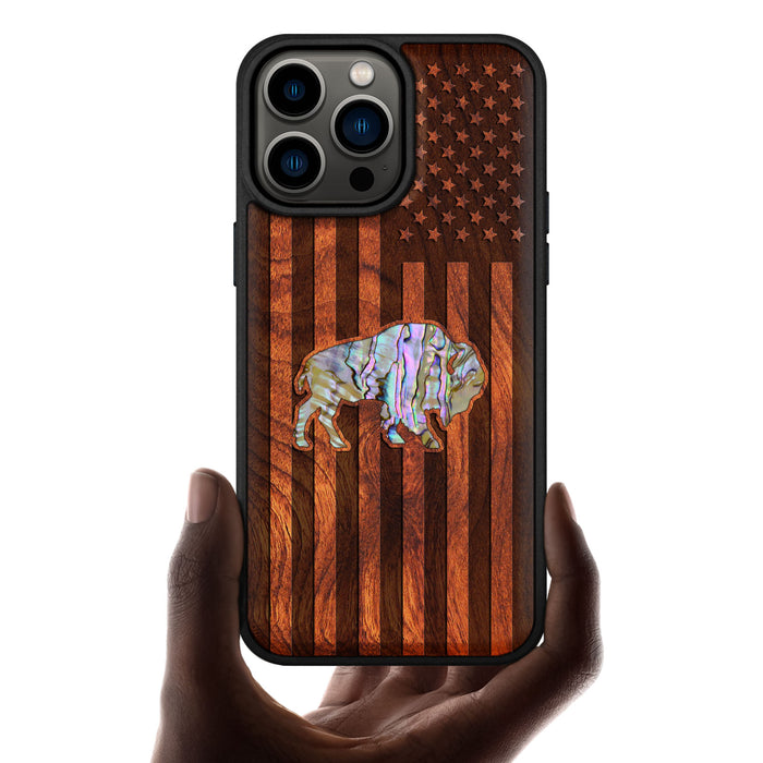 American Flag, Bison, Hand-Inlaid Wood & Mother of Pearl Case - Artisanal Cover for Apple iPhone