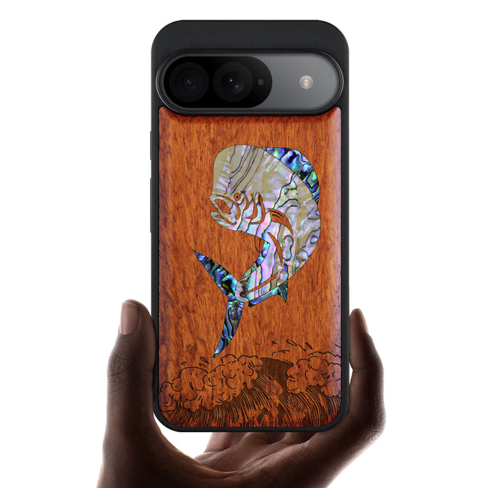 The Majestic Mahi-Mahi, Hand-Inlaid Wood & Mother of Pearl Case - Artisanal Cover for Google Pixel