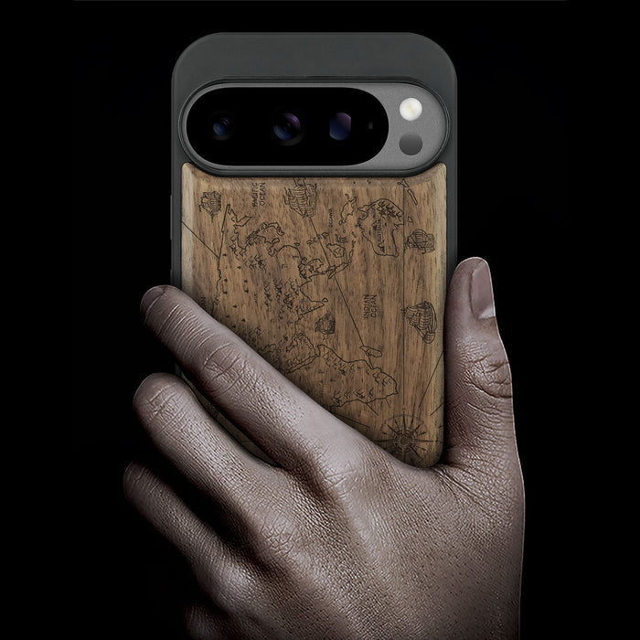 Physical World Map with Antique Travel Ship, Classic Engraved Wood & TPU Case - Artisanal Cover for Google Pixel