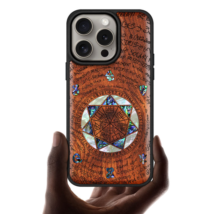 The Sacred Seals, Hand-Inlaid Wood & Mother of Pearl Case - Artisanal Cover for Apple iPhone
