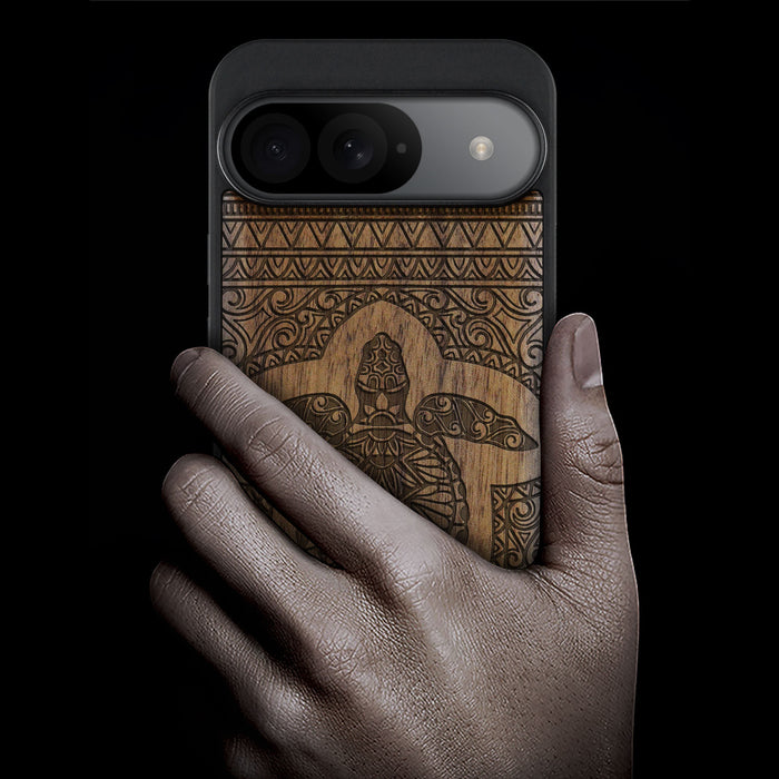 The Enigmatic Turtle, Classic Engraved Wood & TPU Case - Artisanal Cover for Google Pixel