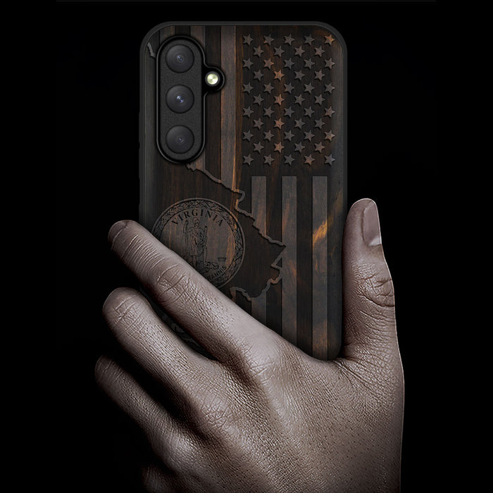 Virginia and Star Flag, Classic Engraved Wood & TPU Case - Artisanal Cover for Samsung Galaxy