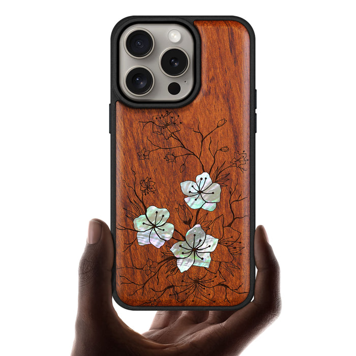 Whispering Sakura Blooms, Hand-Inlaid Wood & Mother of Pearl Case - Artisanal Cover for Apple iPhone