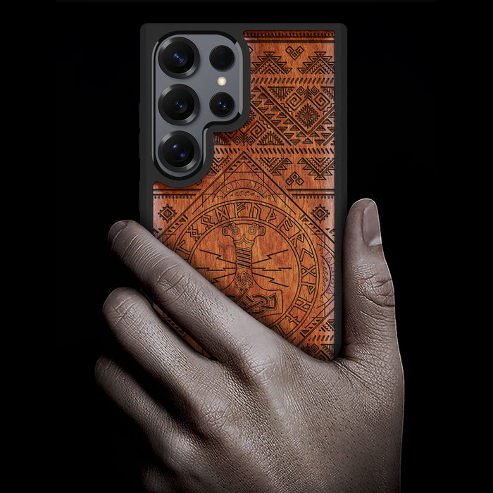 Mjollnir, Classic Engraved Wood & TPU Case - Artisanal Cover for Samsung Galaxy