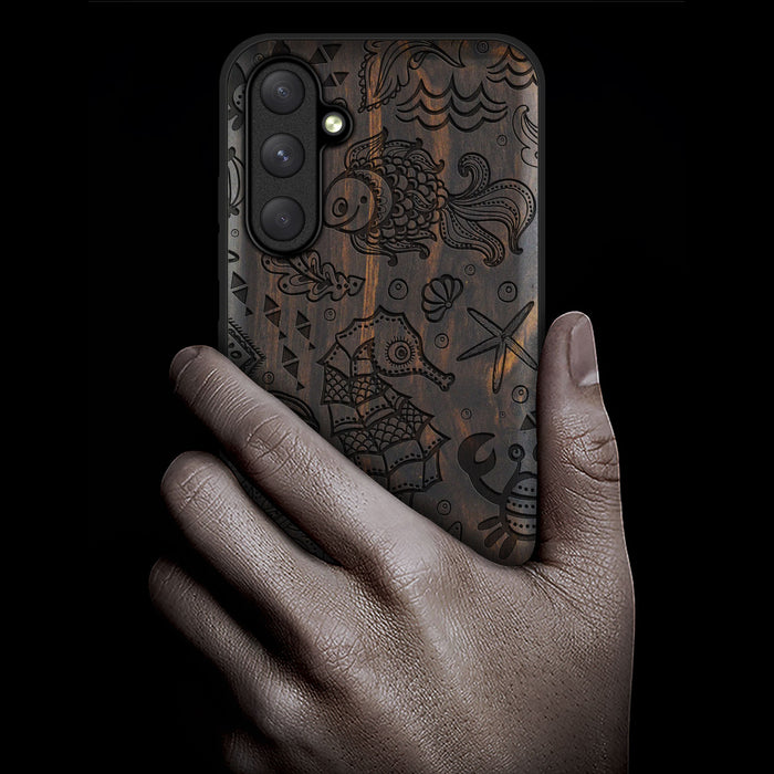 An Aquatic Symphony, Classic Engraved Wood & TPU Case - Artisanal Cover for Samsung Galaxy