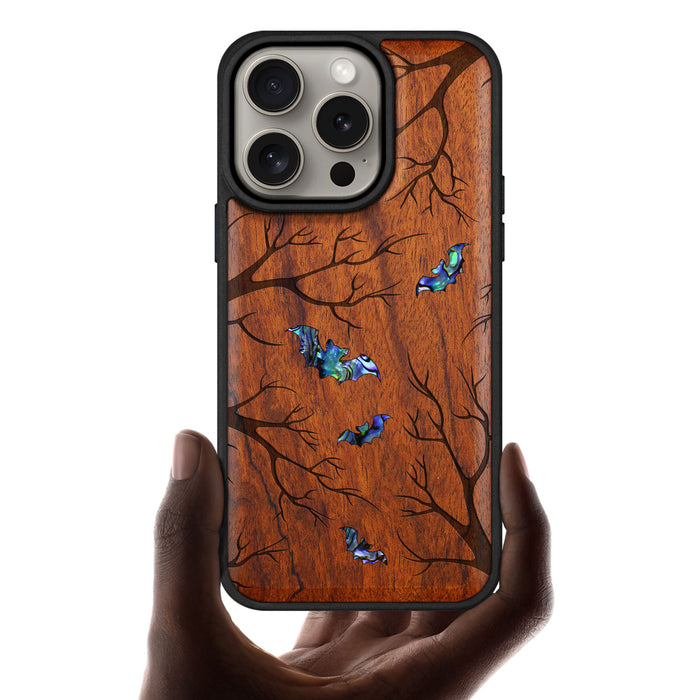 Shadows of the Night, Hand-Inlaid Wood & Mother of Pearl Case - Artisanal Cover for Apple iPhone