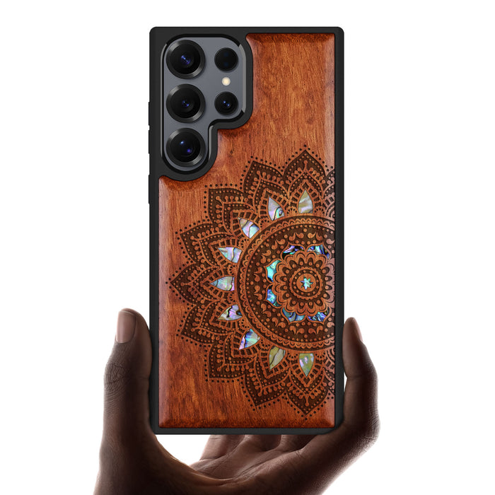 The Half Mandala Lace Art, Hand-Inlaid Wood & Mother of Pearl Case - Artisanal Cover for Samsung Galaxy