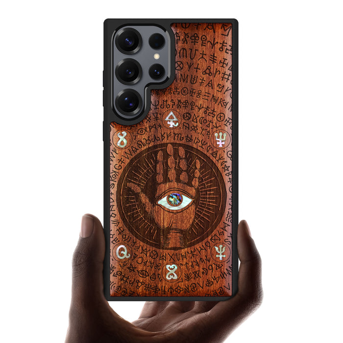 The Enigmatic Eye, Hand-Inlaid Wood & Mother of Pearl Case - Artisanal Cover for Samsung Galaxy