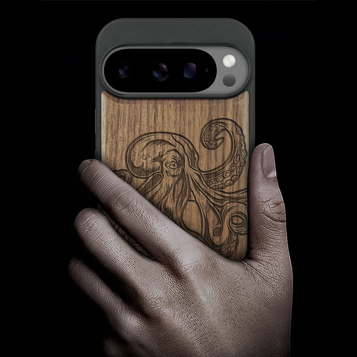 Bodybuilding Octopus Illustration, Classic Engraved Wood & TPU Case - Artisanal Cover for Google Pixel