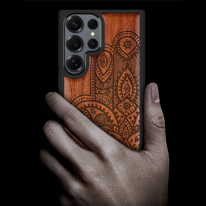 Ornate Hamsa Design Classic Engraved Wood & TPU Case Samsung Galaxy Artisanal Case View