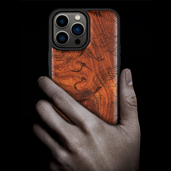 Auspicious Cranes and Clouds, Classic Engraved Wood & TPU Case - Artisanal Cover for Apple iPhone