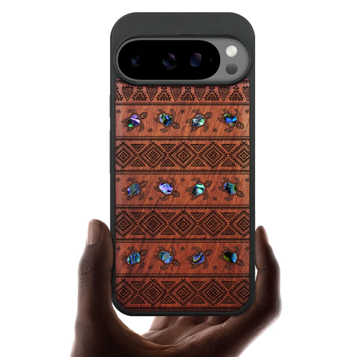 The Aztec Sea Turtle, Hand-Inlaid Wood & Mother of Pearl Case - Artisanal Cover for Google Pixel