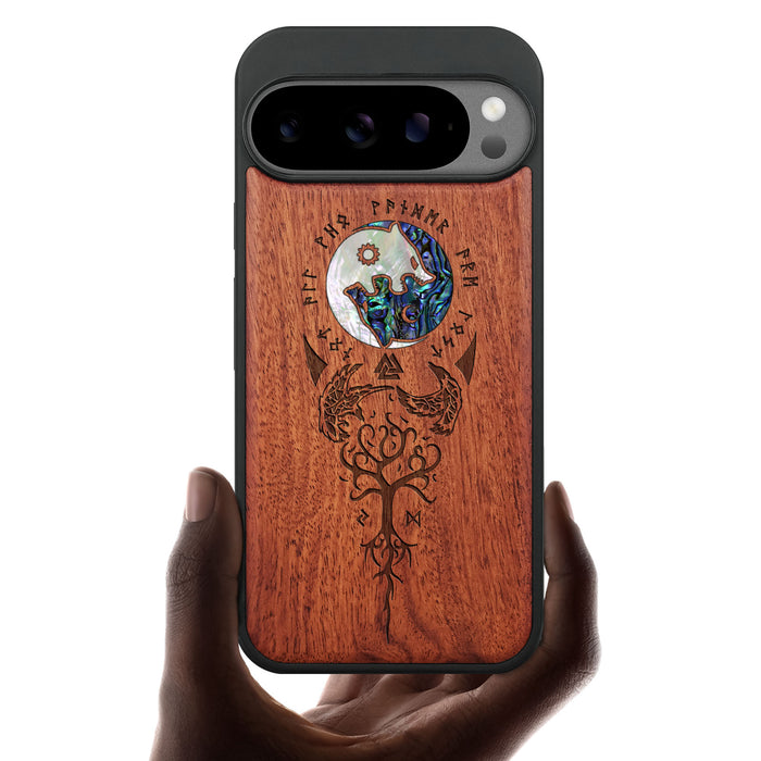 Vegvísir, Ravens, and Yggdrasil, Hand-Inlaid Wood & Mother of Pearl Case - Artisanal Cover for Google Pixel