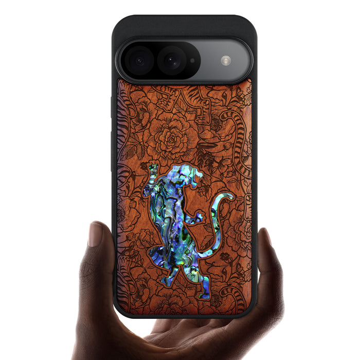 A Tiger Amidst Flowers, Hand-Inlaid Wood & Mother of Pearl Case - Artisanal Cover for Google Pixel