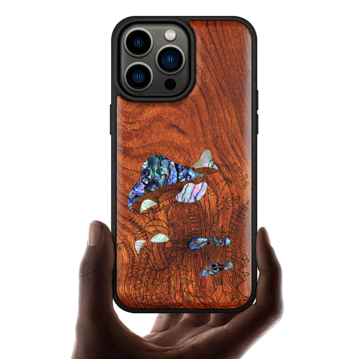 The Enchanting World of Mushrooms and Wildflowers, Hand-Inlaid Wood & Mother of Pearl Case - Artisanal Cover for Apple iPhone