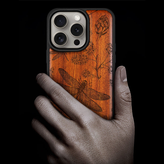 The Dragonfly Dance, Classic Engraved Wood & TPU Case - Artisanal Cover for Apple iPhone