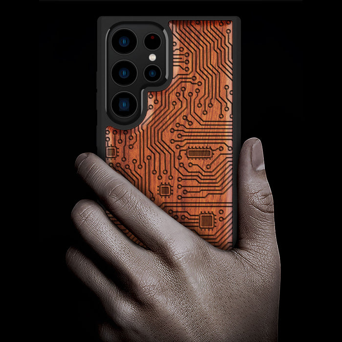 Abstract Motherboard Linework Art, Classic Engraved Wood & TPU Case - Artisanal Cover for Samsung Galaxy