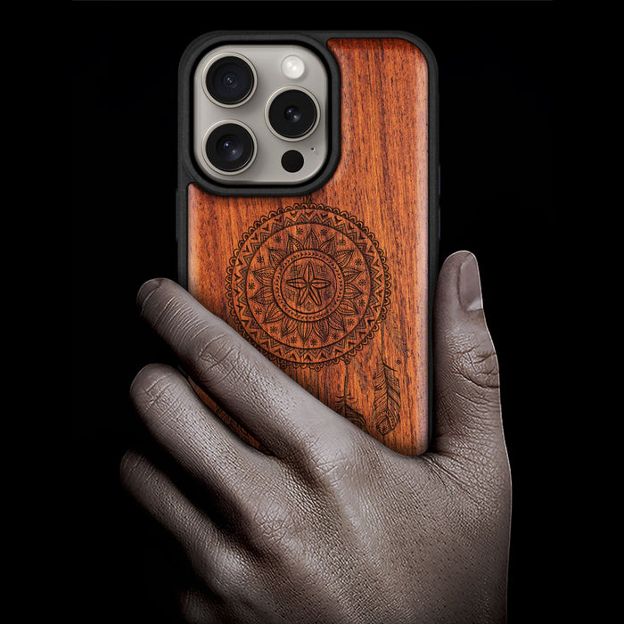 The Dreamcatcher's Embrace, Classic Engraved Wood & TPU Case - Artisanal Cover for Apple iPhone