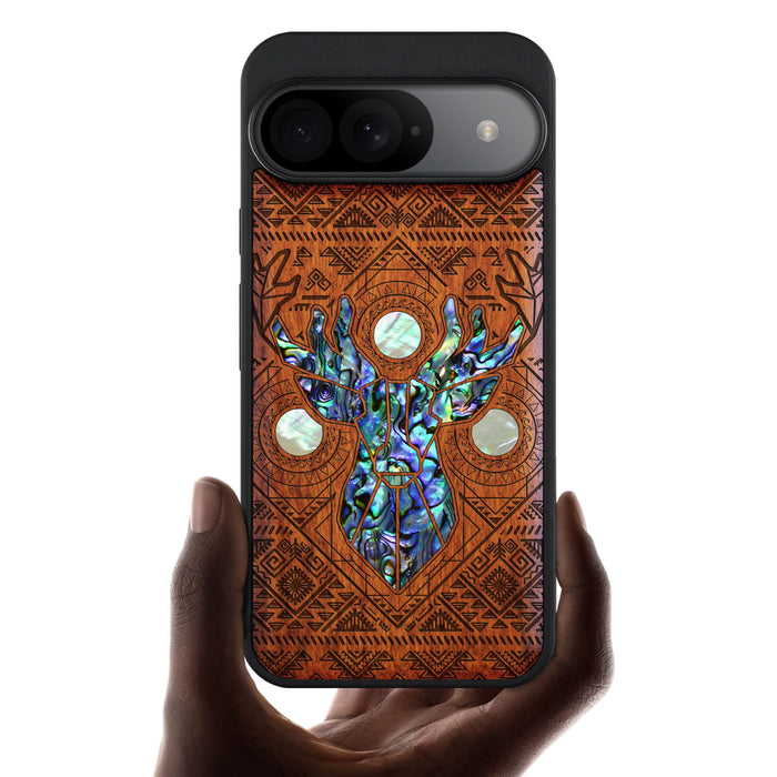 Aztec Geometric Deer, Hand-Inlaid Wood & Mother of Pearl Case - Artisanal Cover for Google Pixel