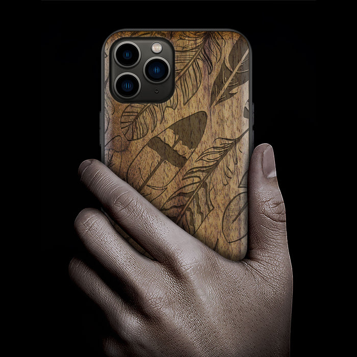 The Feathered Array, Classic Engraved Wood & TPU Case - Artisanal Cover for Apple iPhone