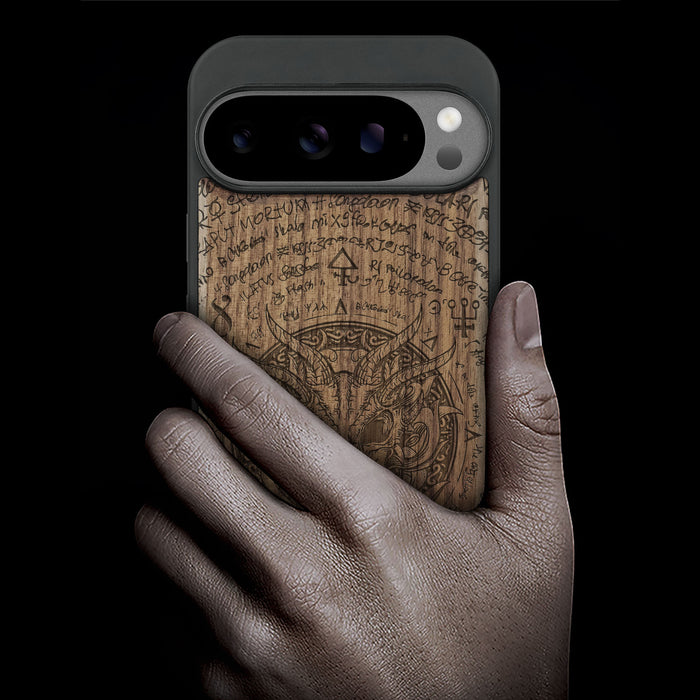 Dragon Skull within an Octagonal Star, Classic Engraved Wood & TPU Case - Artisanal Cover for Google Pixel