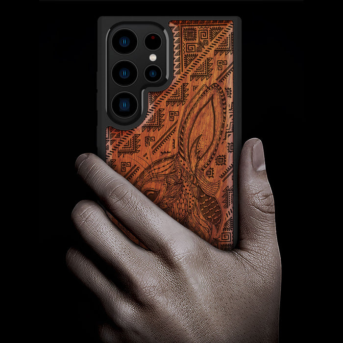 Zentangle Rabbit Amidst Geometry, Classic Engraved Wood & TPU Case - Artisanal Cover for Samsung Galaxy