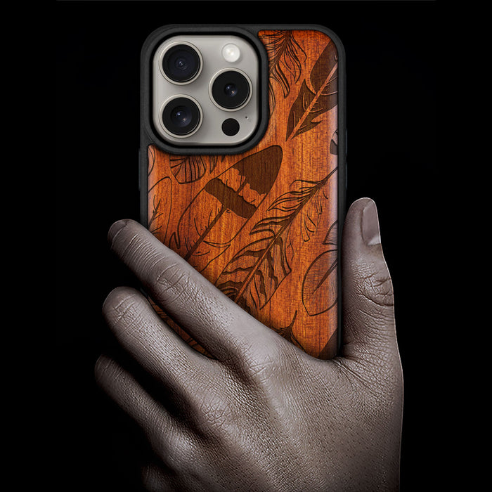 The Feathered Array, Classic Engraved Wood & TPU Case - Artisanal Cover for Apple iPhone