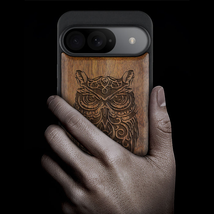 An Owl Perched on a Branch, Classic Engraved Wood & TPU Case - Artisanal Cover for Google Pixel