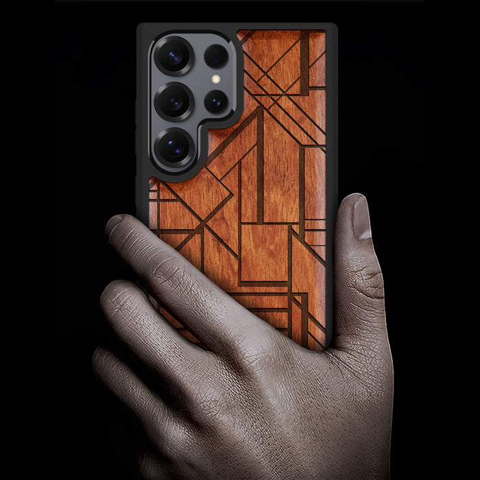 Geometric Simplicity Revisited, Classic Engraved Wood & TPU Case - Artisanal Cover for Samsung Galaxy