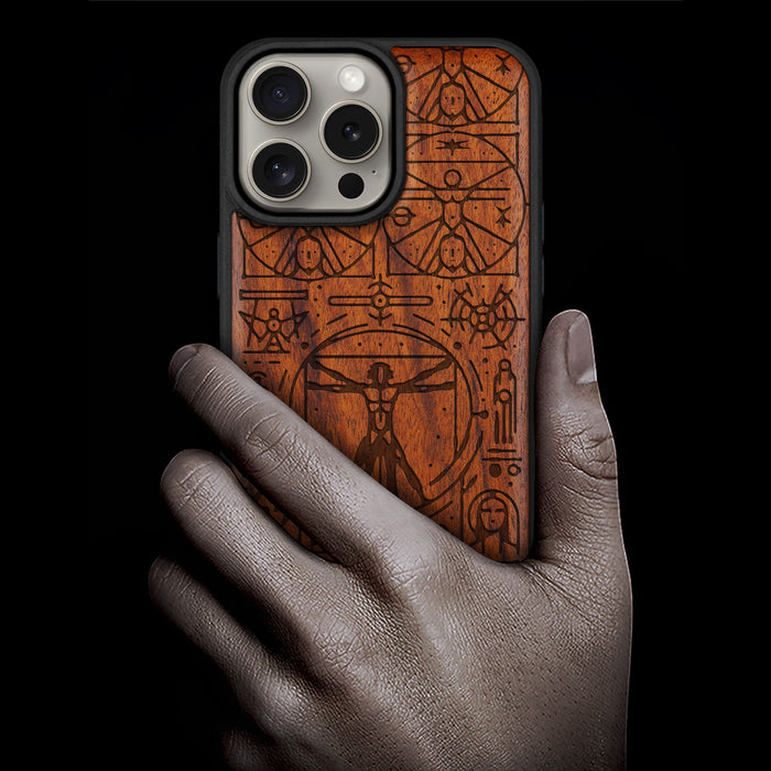 Vitruvian Man, Classic Engraved Wood & TPU Case - Artisanal Cover for Apple iPhone