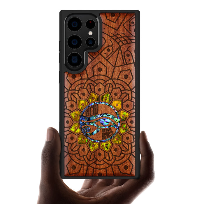 Eternal Horus Mandala, Hand-Inlaid Wood & Mother of Pearl Case - Artisanal Cover for Samsung Galaxy