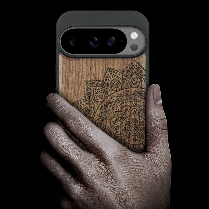Lace Mandala, Classic Engraved Wood & TPU Case - Artisanal Cover for Google Pixel